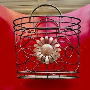 Decorative Wire Basket With Copper Sunflower Accent Wall Hanging
